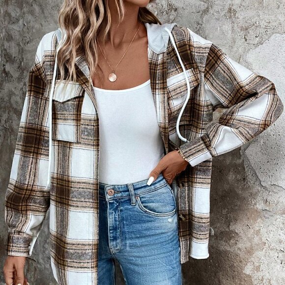 Brown Casual Womens Plaid Print Drop Shoulder Drawstring Hooded Coat - Picture 1 of 5